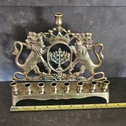 Vintage Brass Hanukkah Chanukah Menorah Lions Of Judah Judaica