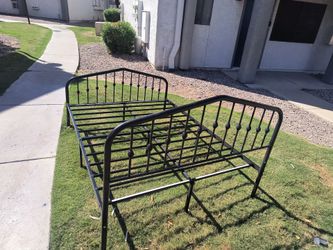 Queen size black iron bed frame and back and front