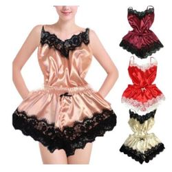Women Sexy Silk Satin Lace Sleepwear Nightwear Night Gown Nightdress Pajamas Set