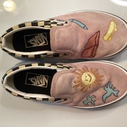 Vans Kids Classic Slip-On Shoes Skateistan Suede Checkerboard Pink Size 13
