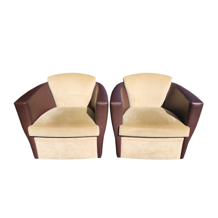 Gorgeous Pair of High-End Full Grain Aniline Leather & Cotton Velvet Lounge Chairs