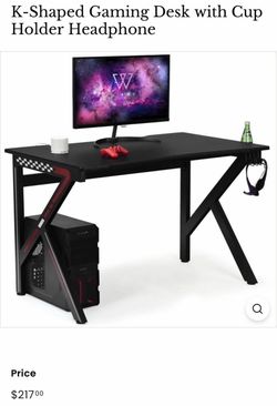 K-Shaped Gaming Desk with Cup Holder Headphone