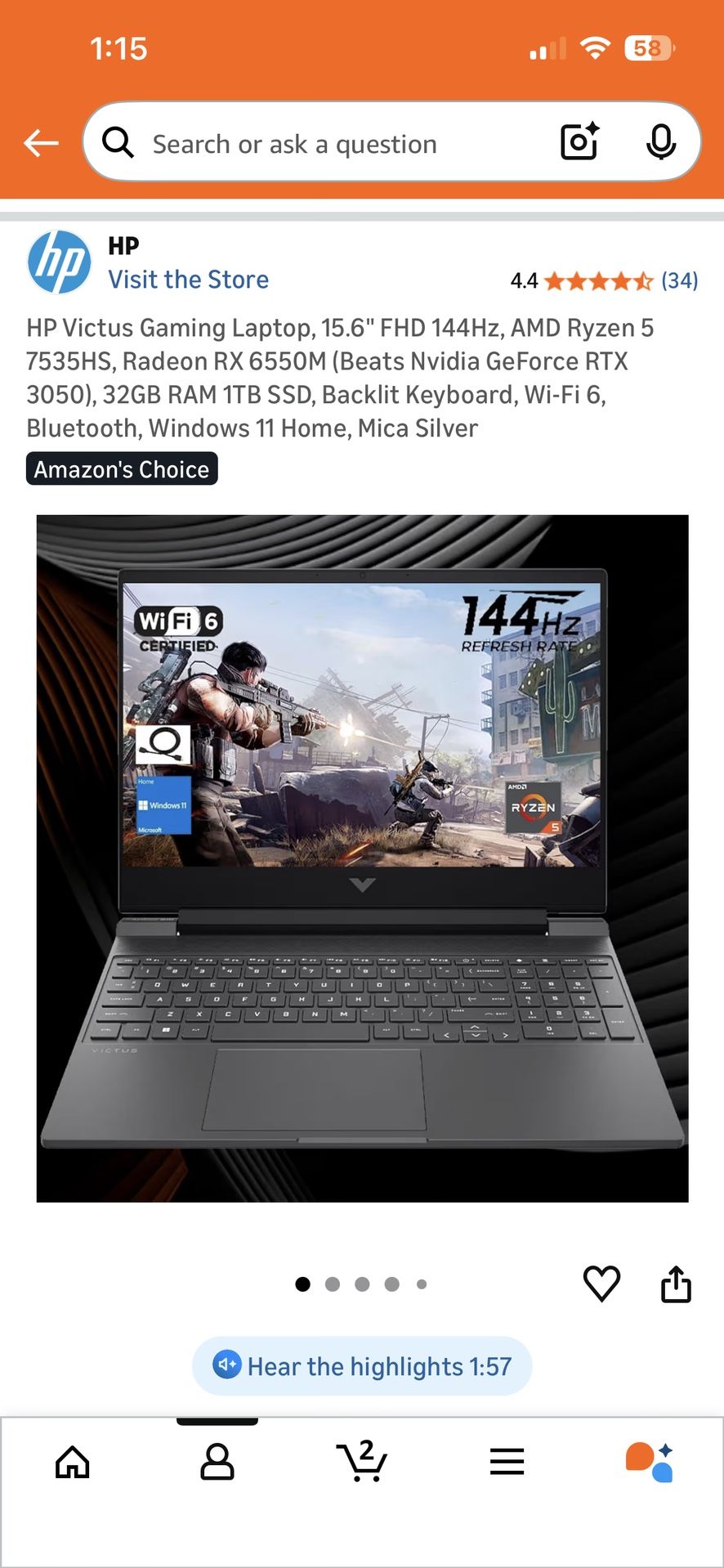 HP Victus Gaming Laptop, 15.6" FHD 144Hz, AMD Ryzen 5 7535HS, Radeon RX 6550M (Beats Nvidia GeForce RTX 3050), 32GB RAM 1TB SSD, Backlit Keyboard, Wi-
