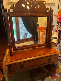 Antique Wood Vanity Mirror with Drawer