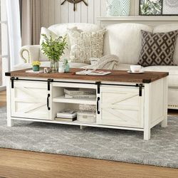 48" Modern Farmhouse Coffee Table with Adjustable Storage Cabinets Shelves, Modern Coffee Table for Living Room with Sliding Barn Door(Retro White)