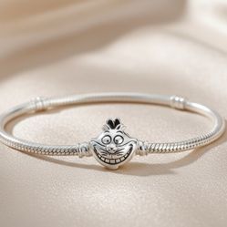 Pandora Style 925 Silver Bracelet – Sterling Silver Smiling Cat Charm Bangle, Alice in Wonderland Inspired Jewelry Gift 