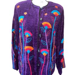 Women’s colorful multicolored jacket, button up, long sleeve, shoulder pads, Purple 