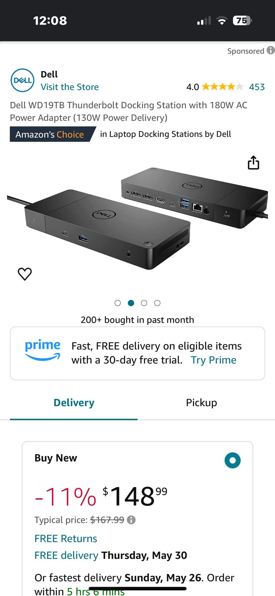 Dell WD19TB Thunderbolt Docking Station with 180W AC Power Adapter (130W Power Delivery)