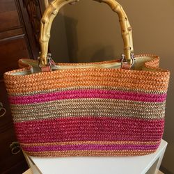 NEW pink & orange wheat straw purse/tote with bamboo handles
