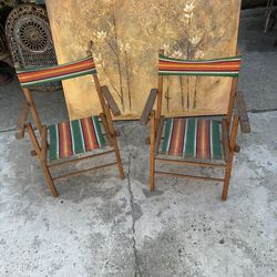 Two Absolutely Adorable Vintage 60s Collapsible Wood Children’s Beach Chairs w/Groovy Fabric: