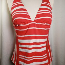 Large Kenneth Cole Reaction Womens Tankini Swim Top Red Striped Back Halter