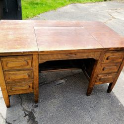 Antique Oak Stained Desk With Dividers In Drawers  And Fold Down  Center