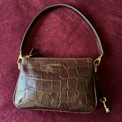 Vintage Y2K Fossil Rich Brown Croc-Embossed Leather Zipper Closure Baguette Bag