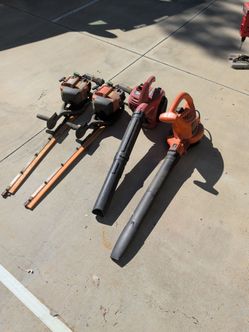 Husqvarna gas trimmers* 2, home light, gas blower, New Black& Decker electric blower.