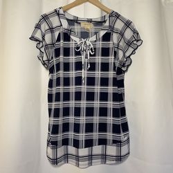 Diana Belle Black White Plaid Womens L Tie Neck Short Flutter Sleeve Blouse EUC