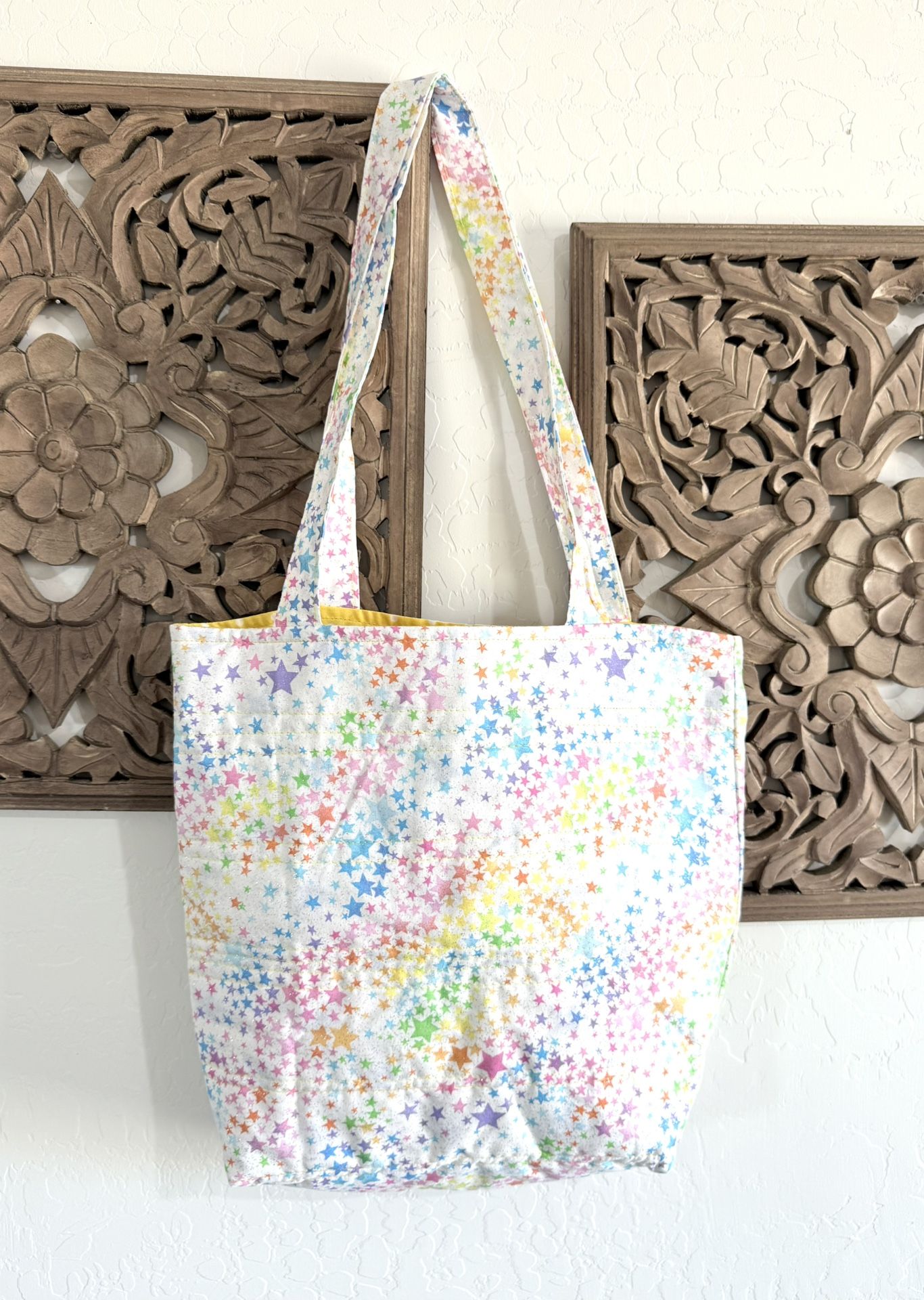 Neon Glitter Stars Quilted Big Tote Bag Handmade Lined Padded Fabric Pocket