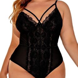 Kaei&Shi Plus Size Eyelash Lace Bodysuit, Snap Crotch Sexy Top Lingerie, Club Outfit