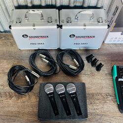Set of three wired microphones!! Perfect for church, restaurants, DJ's, speakers, venues.