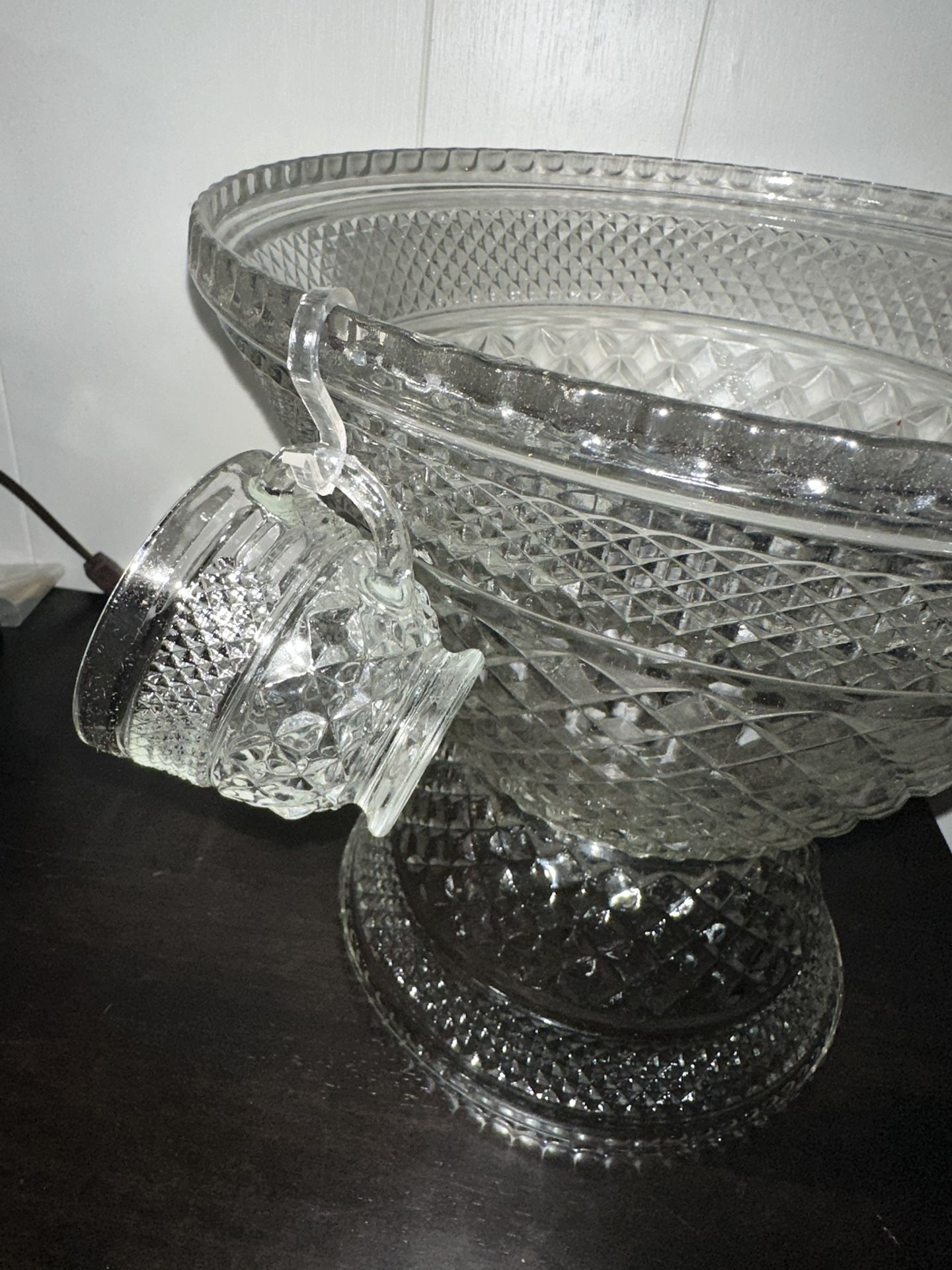 Vintage Anchor Hocking Wexford Glass Punch Bowl, Base 16 Cups Diamond Pattern