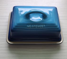 Le creuset Butter Dish Blue Stoneware Glazed 7×5" European Style New