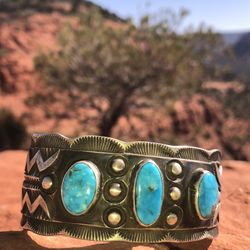 Navajo Turquoise & Silver Cuff Bracelet And 