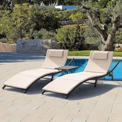 3-Pieces Steel Frame Poolside Folding Height Adjustable Wicker Outdoor Lounge Chair with Beige Cushion (Set of 2) brand new in box 