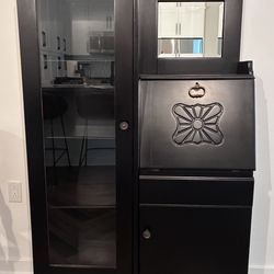 Vintage Secretary Desk Cabinet – Refinished Black Wood, Glass Display & Statement Storage