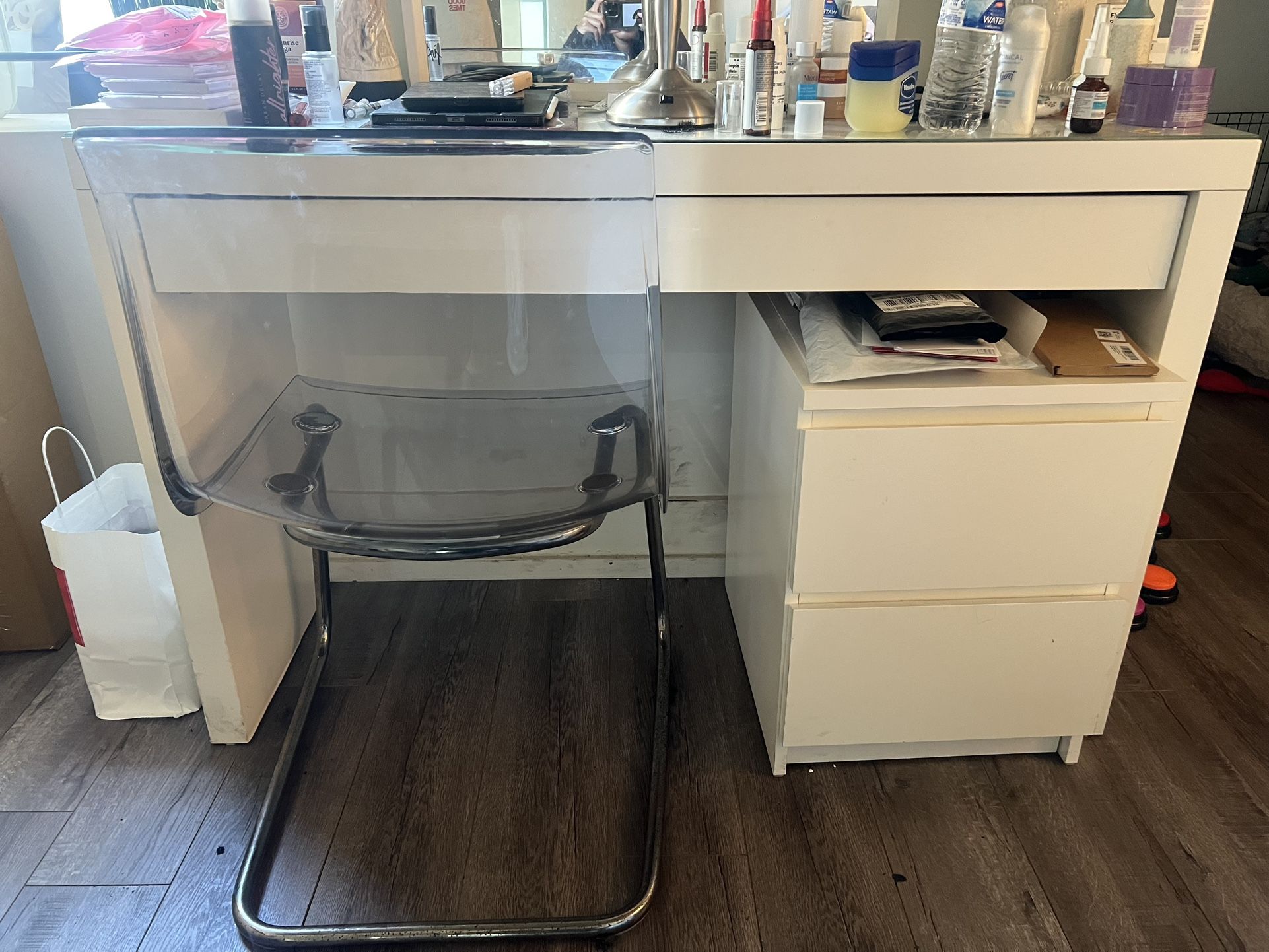 Glass Top Desk White With Mirror