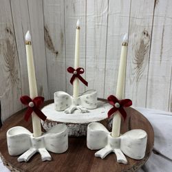 3 Ceramic Bow Candles Holders With Candles 