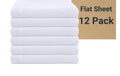 White Bulk Flat Sheets Only King Size 12 Pack, Easy Sort Top Bed Sheet by Color-Coded Hem Threads, Soft Durable Brushed Microfiber Fabric Hotel Airb&b