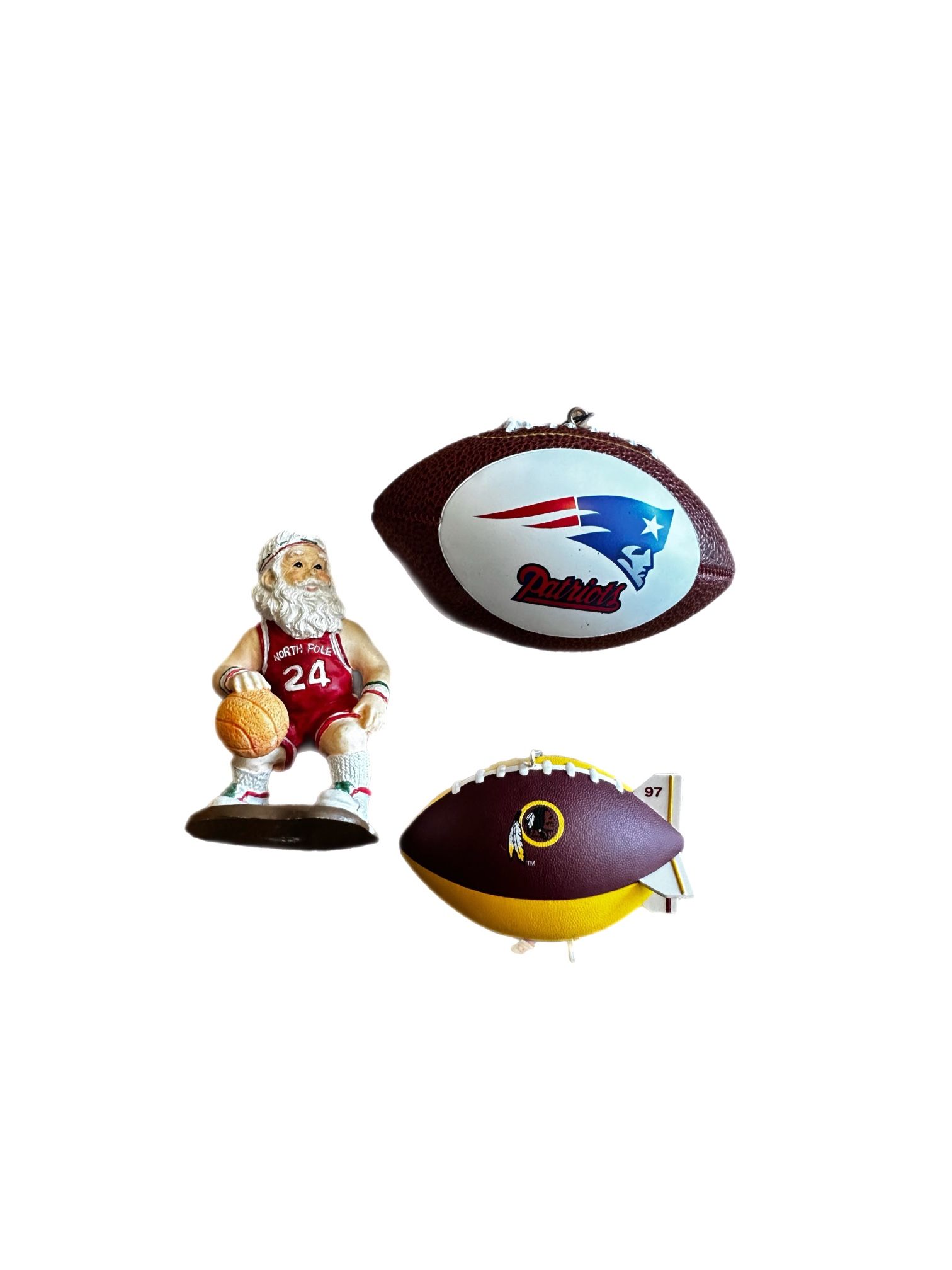 3 Vintage Christmas Ornaments Redskins, Patriots, Basketball Santa Sports Themed