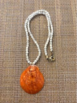 Handmade Mother of Pearl Necklace w/Orange Clam Pendant