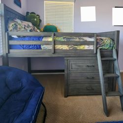 Raised Twin Bed, Purple Mattress, Dresser And TV Stand