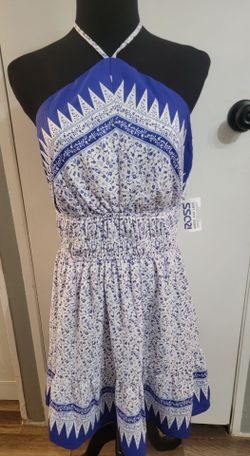 Blue and white Trixxi Juniors' Ruched-Waist Printed Halter Mini Dress with a ditsy floral pattern and a bold geometric border print size XL