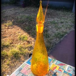 Mid Century Modern 60s Yellow 16” Model #920 Crackle Hand Blown Art Glass Decanter Flame Stopper by Winslow Anderson for Blenko - MCM 