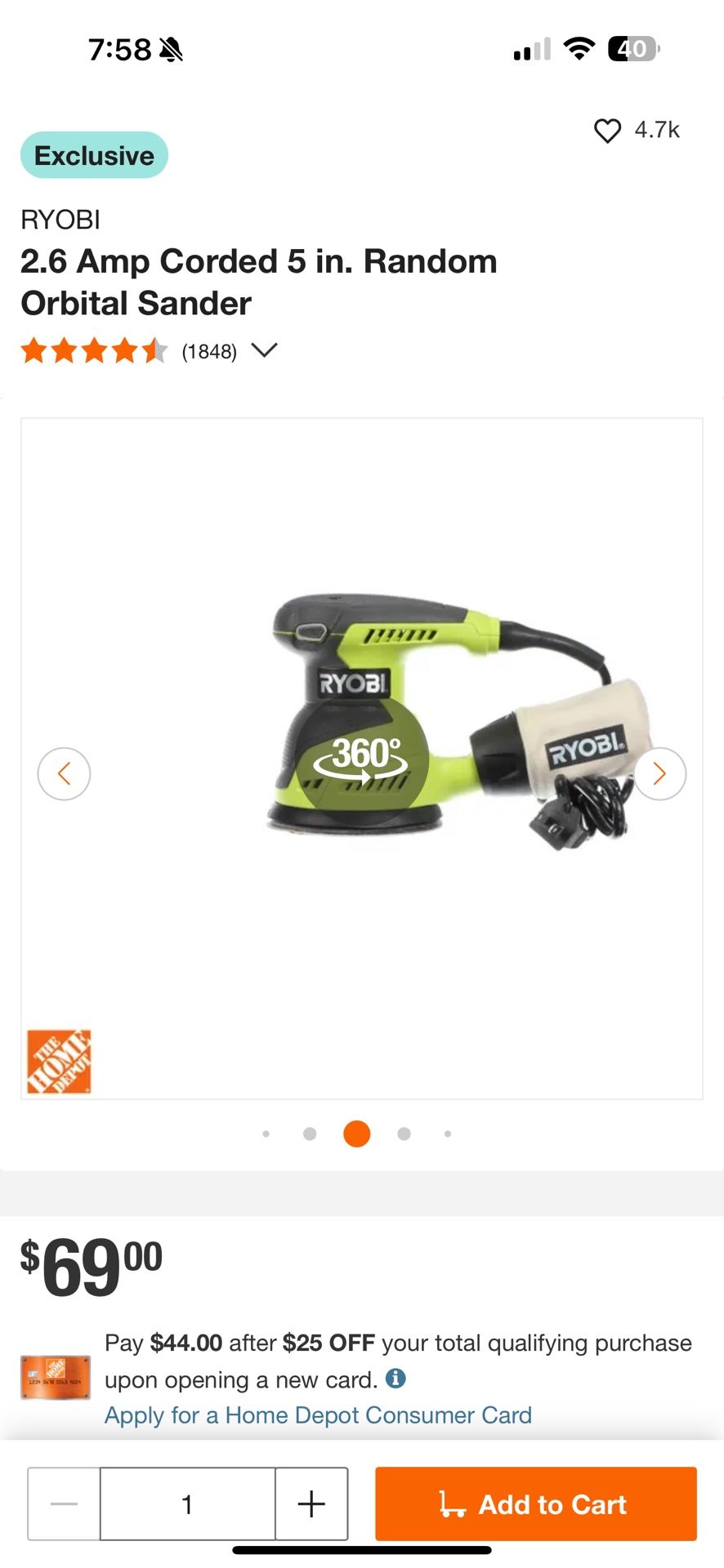 RYOBI 5” Random Orbit Sander