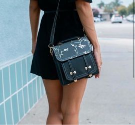 Black Floral Embroidered Crossbody Satchel Bag