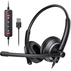 awatrue USB Headset with Microphone for PC Laptop - Headphones with Noise Cancelling Microphone for Computer,On-Ear Wired Office Call Center Headset f