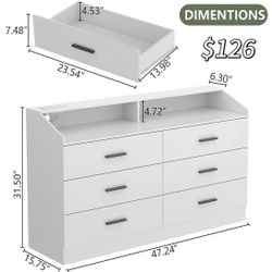 😀 White Dresser for Bedroom, 6 Drawer Dresser with Charging Station, Chests of Drawers with LED Lights, Modern Double Dresser, Storage Cabinet
