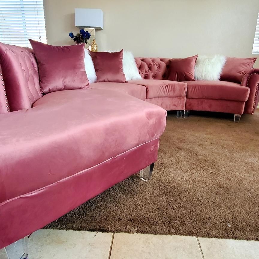 Pink Sectional Sofa - Curved Velvet Tufted Sectional