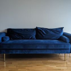 Sleek Blue Velvet 71" Sofa Loveseat,  seats Upto 3, Gold Colored Finished Brass Legs