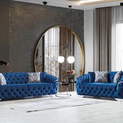 Lupino Blue Velvet Sofa & Loveseat /couches  / Living room set  