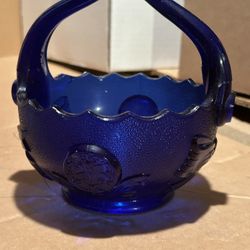 Imperial Glass Cobalt Buttons Bows Split Handle Basket Blue