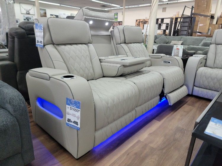 New Power Leather Sofa In Grey, Tons Of Features