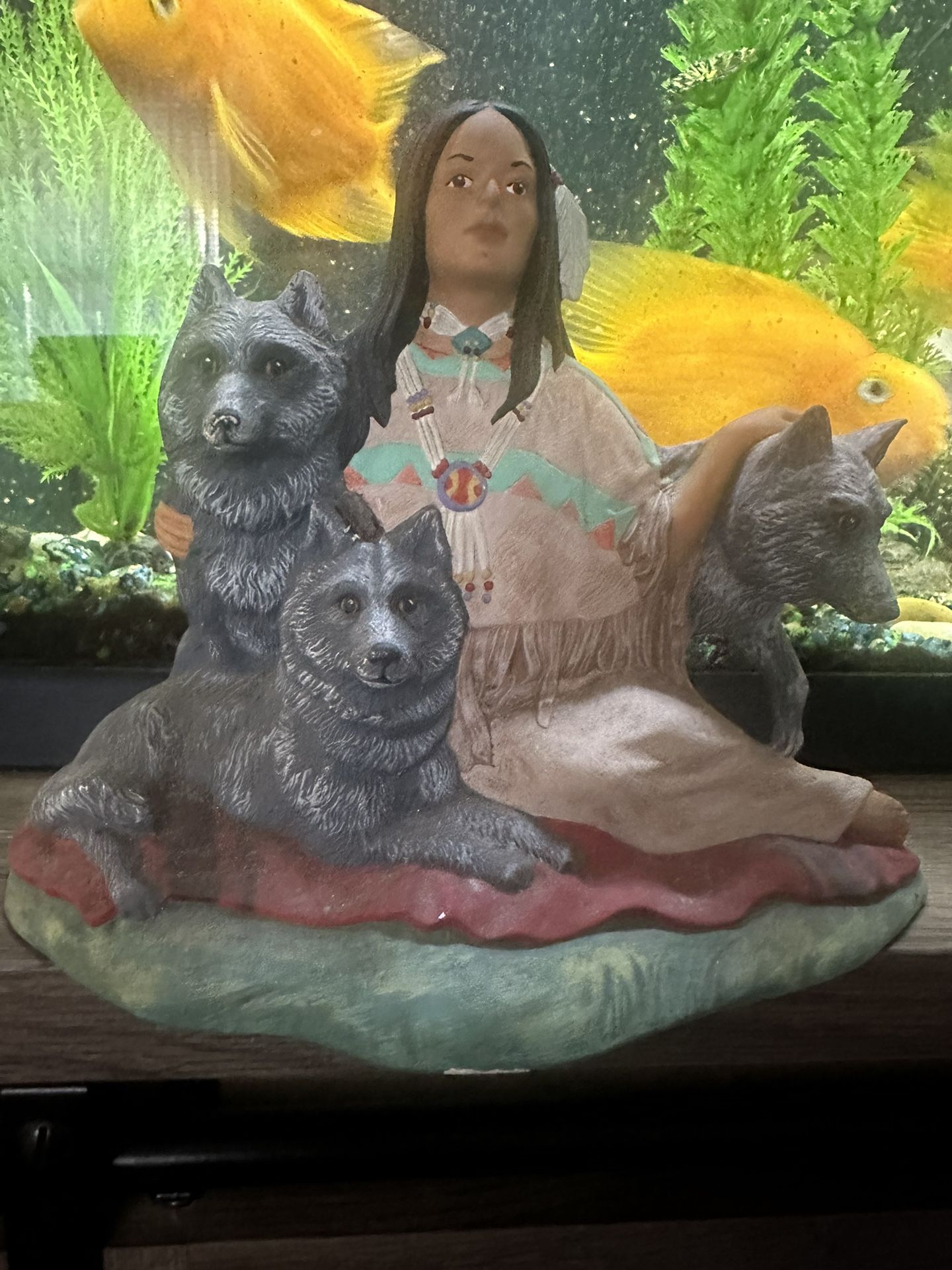 Vintage Figurine Statue , Native American Lady & Wolves
