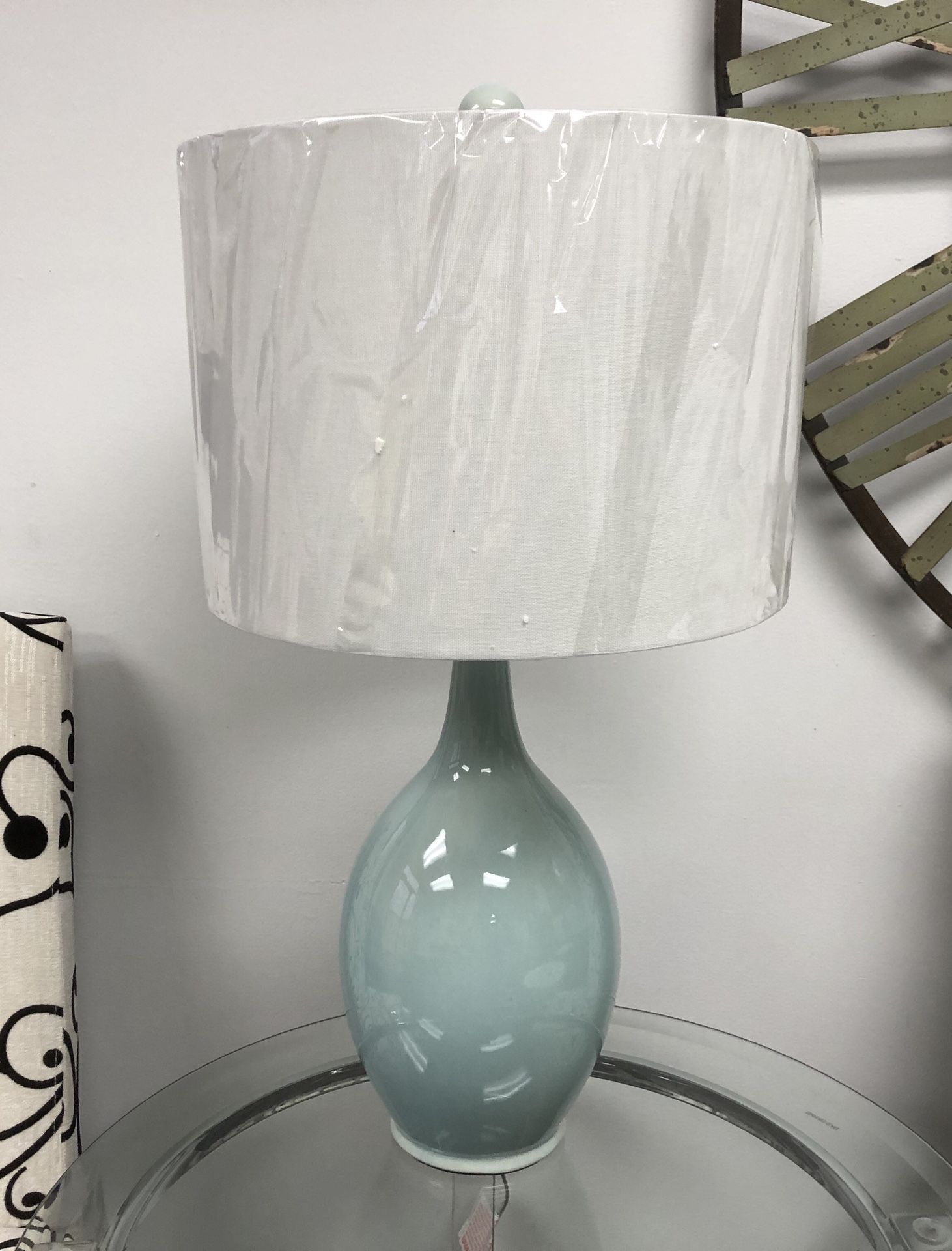 SPA BLUE TABLE LAMP, W/LINEN SHADE, 14”DIAMx27”H, NEW