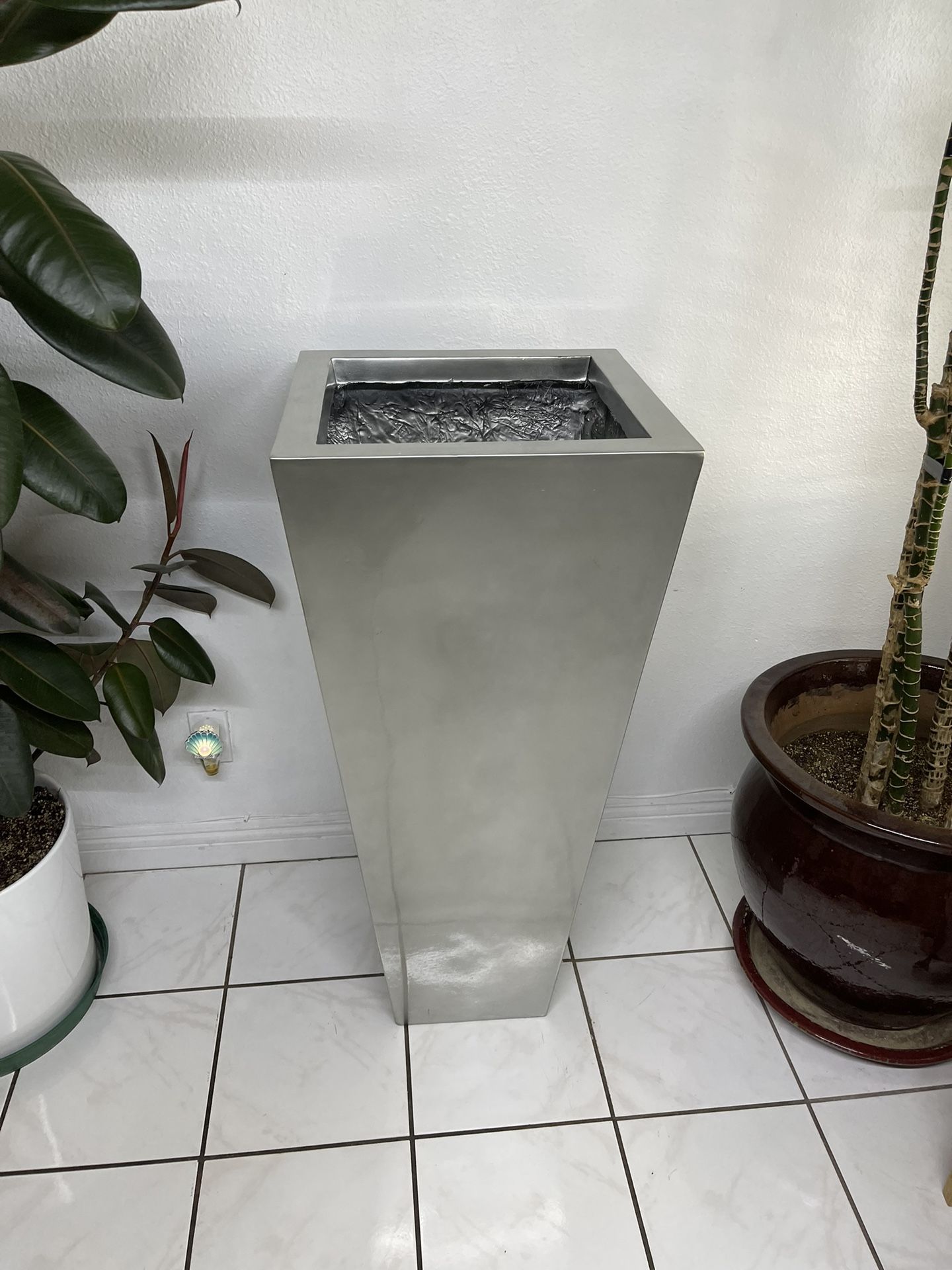 Tall Tapered Square Planter—Big Fiberglass Pot—Large Square Silver Vase ($250)