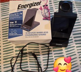 Energizer 3-in-1 15W Qi Wireless Fast 15W Charger Charging Station Stand w RGB Light iPhone AirPods Watch Apple Google Samsung Android Pixel