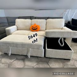 Beige corduroy sleeper sofa with pull out bed  // Christmas Sale 