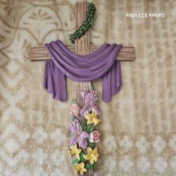 Decorative Resin Cross with Floral Accents
